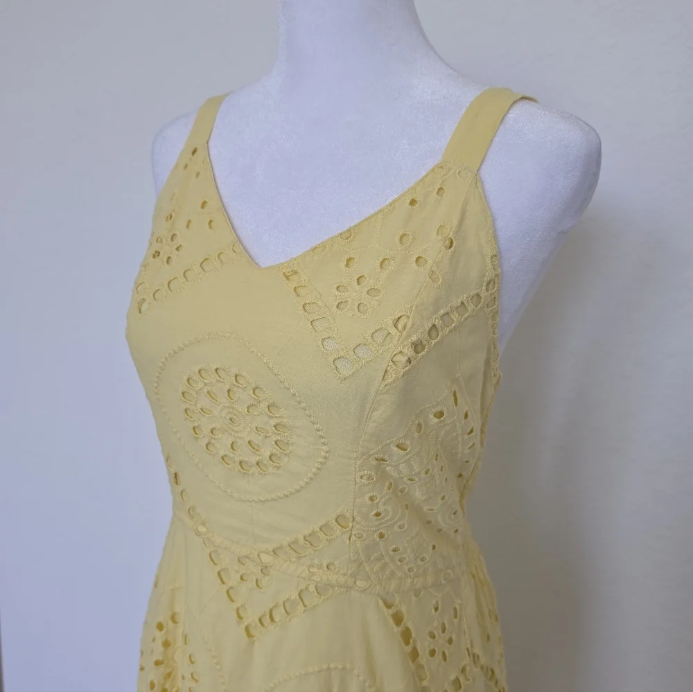 Japna Yellow Eyelet Sundress Cottagecore Boho Midi Dress Cotton Smocked Back M - Picture 3 of 6